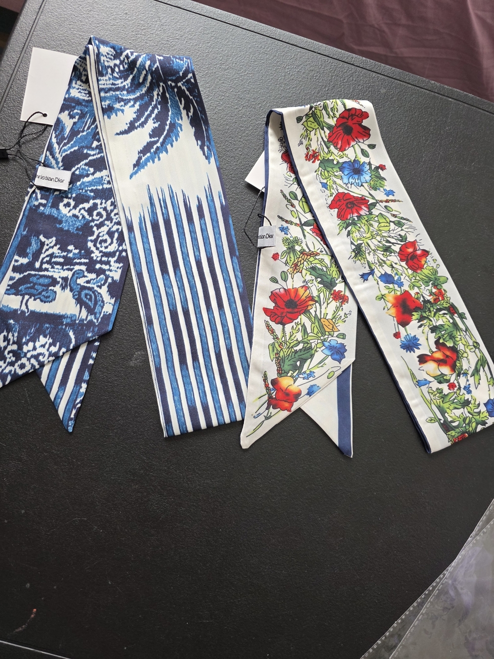 Blue & Floral Silk Twilly Scarf Set